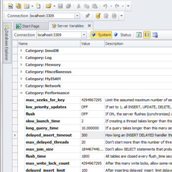 Database server variables window.