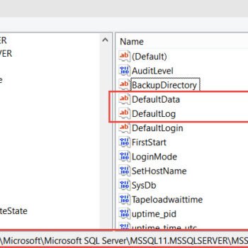Registry Editor displaying SQL Server configuration settings.