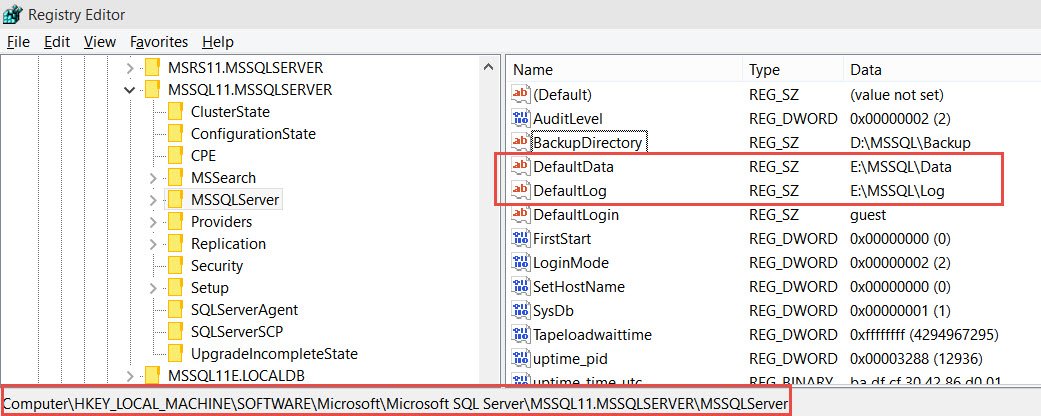 Registry Editor displaying SQL Server configuration settings.