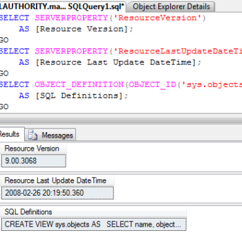 SQL Object Explorer results window.
