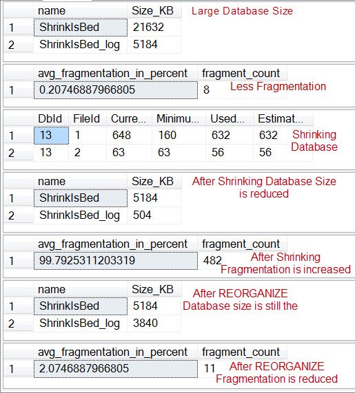 Tool window showing database size shrinkage.