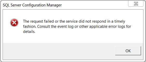 SQL Server Configuration Manager error dialog.