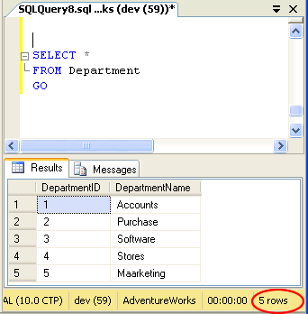 SQL Server Management Studio result window.