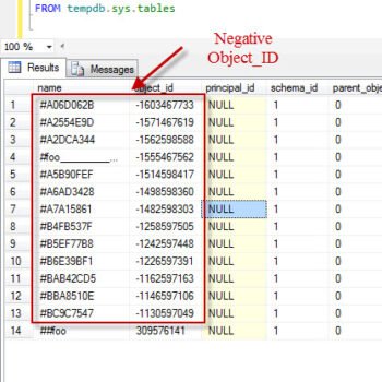Tempdb table negative objectid.