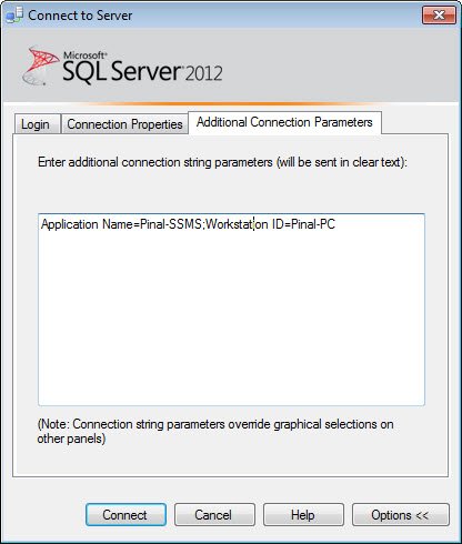 SQL Server connection parameters.
