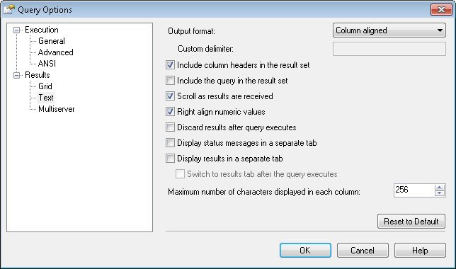 Right align numerics SQL Server query execution options.