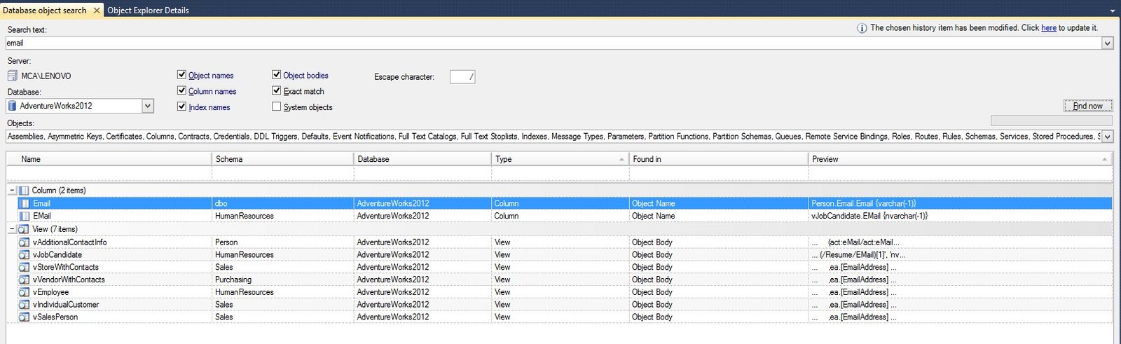 Database object explorer.