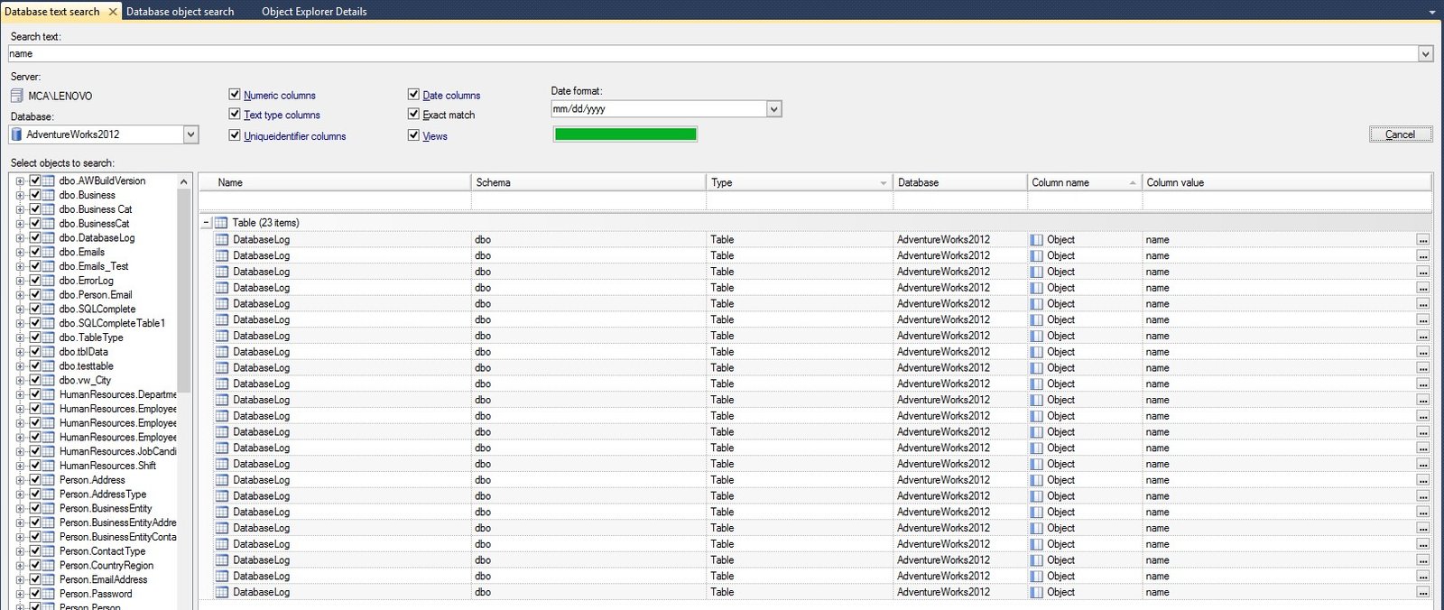 Database Search tool window.