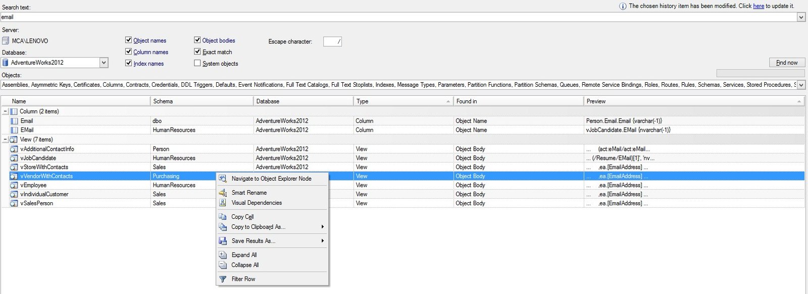 Select from column objects window.