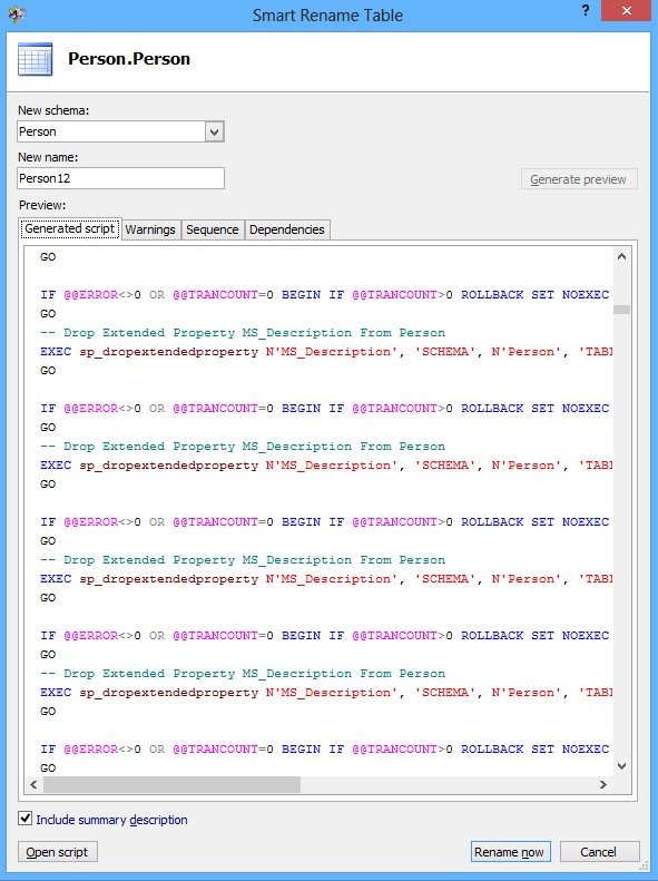SQL Server Smart Rename Table Dialog.