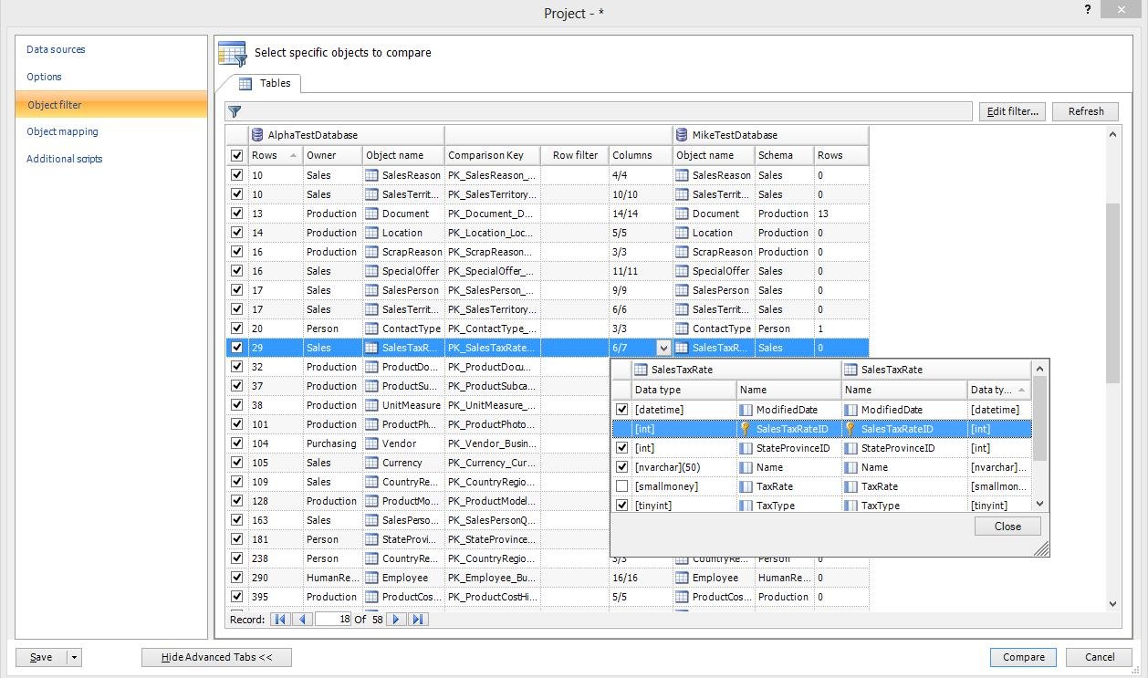 Object Comparison window.