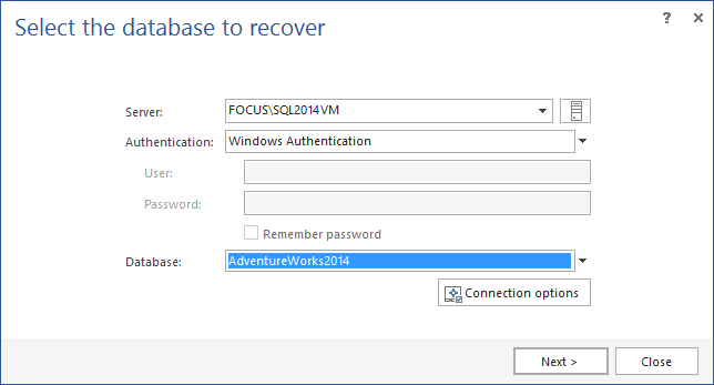 Database recovery tool window.