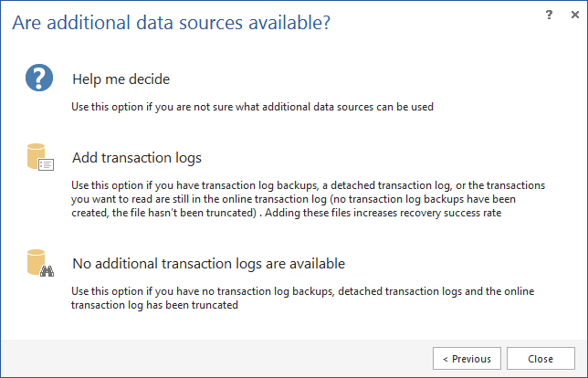 SQL transaction log backup tool window.