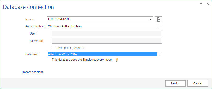 Database connection window.