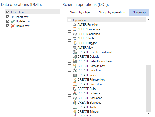 SQL server operations window.