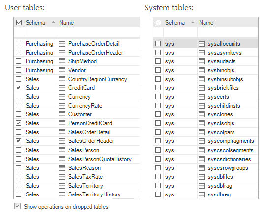 Rollback SQL Server database changes tool window.