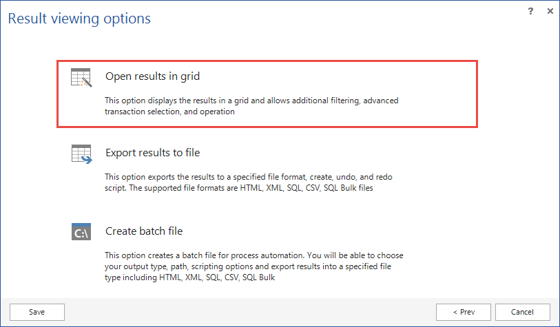 Result viewing options.