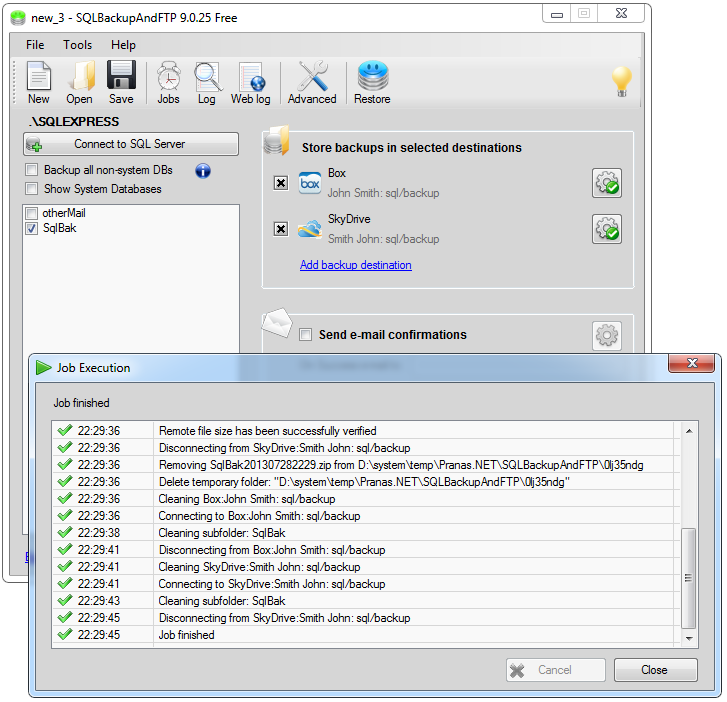 Job finished message for SQL Server backup.