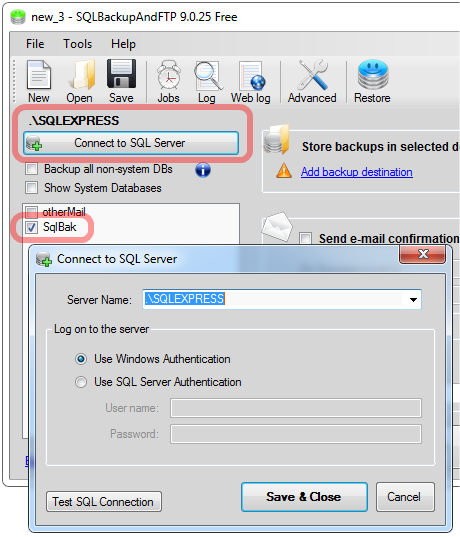 SQLExpress connection window.