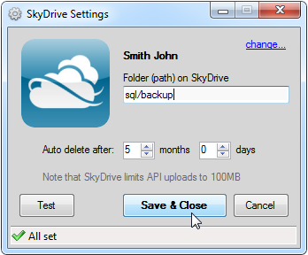 SkyDrive Settings Window.