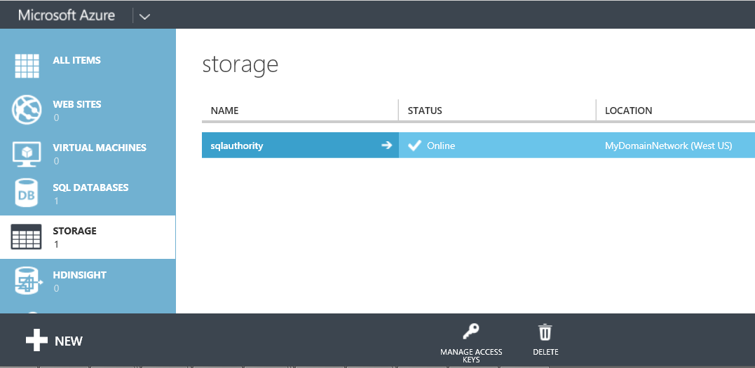 Azure storage window.