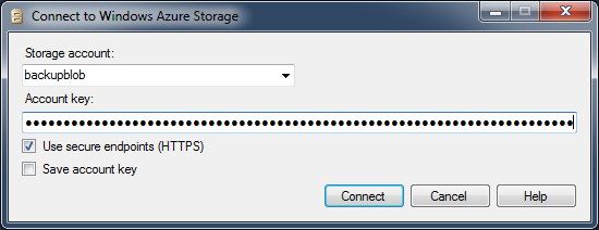 Connect to azure storage dialog.