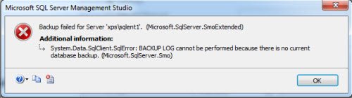 Error dialog for SQL Server backup failure.