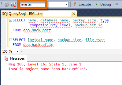 Invalid object name 'dbo.backupset' error.