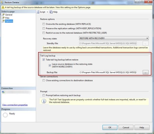 Backup and recovery settings for SQL Server.