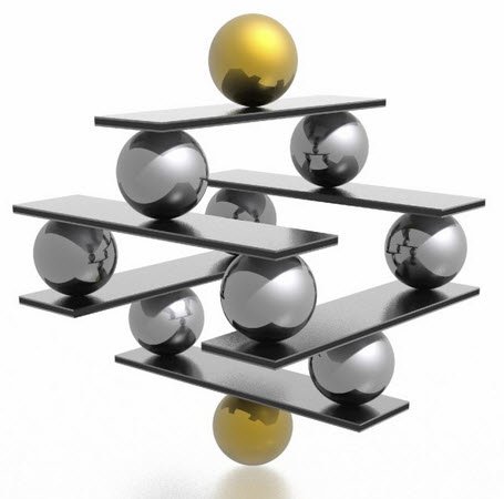 3D balanced metal spheres on shelves.