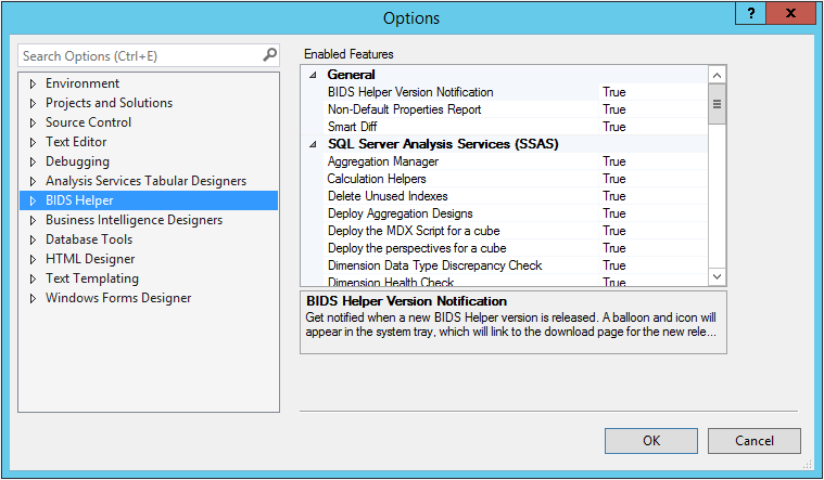 SQL Server Business Intelligence Designer Options.