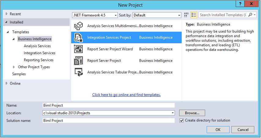 New project dialog box.