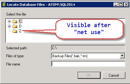 SQL Server file location dialog.