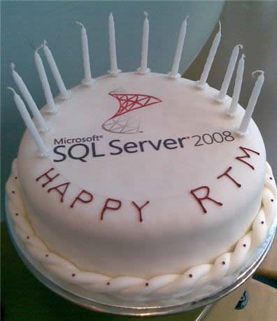 Microsoft SQL Server 2008 cake with candles.