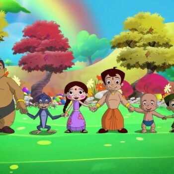 A group of cartoon characters in a colorful outdoor scene.