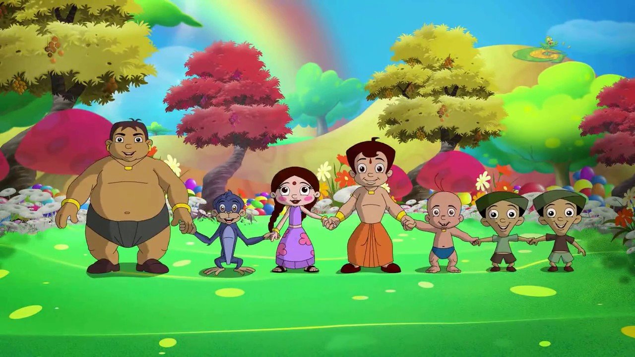 A group of cartoon characters in a colorful outdoor scene.