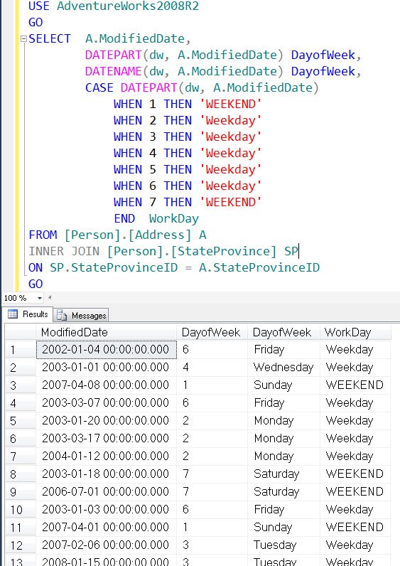 Select results' window showing SQL Server query results.