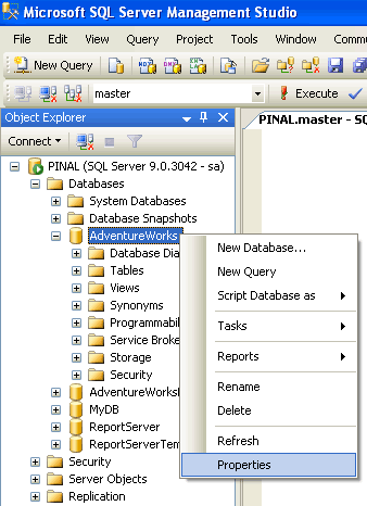 Right-click Properties in SQL Server Management Studio.