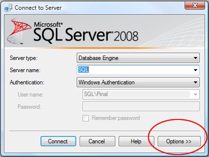 SQL Server 2008 authentication dialog box.