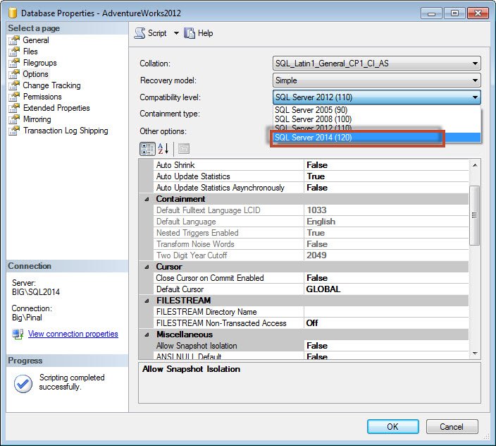SQL Server 2014 compatibility settings.