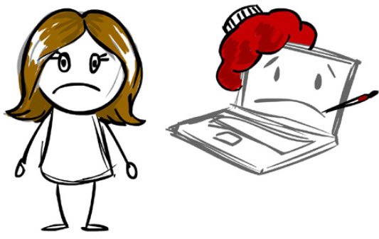 A cartoon with a frustrated girl and a computer with a red angry face.