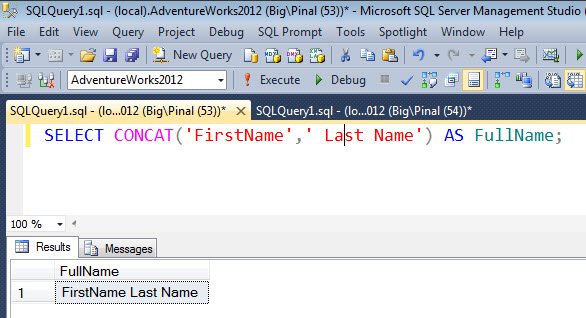 SQL Server Query Tool window with query for concatenating names.