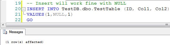 INSERT INTO testtable (id, col1, col2) VALUES (1, NULL, 1).