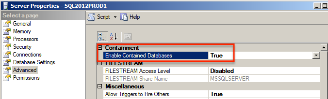 SQL server properties window.