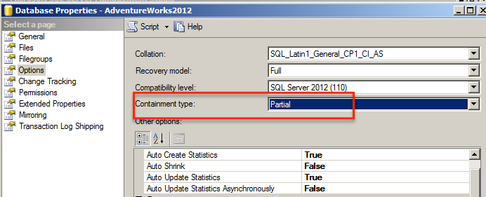 SQL Server 2012 contained database settings.