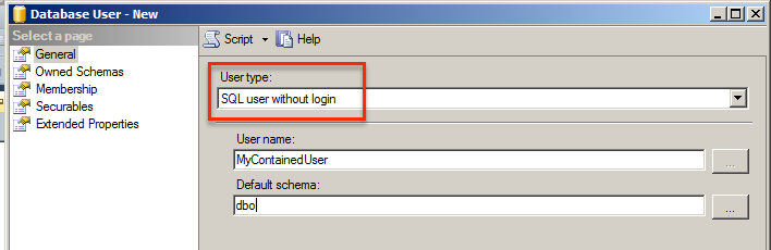 SQL user without login' dropdown.