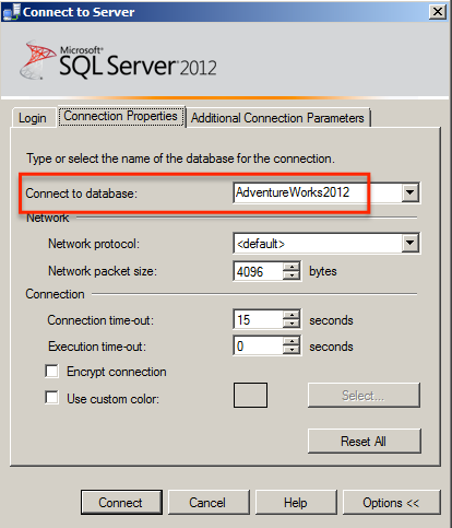 SQL Server connection window.