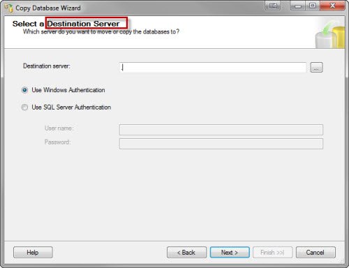 Select destination server in database wizard.