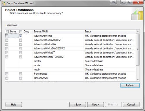 SQL Server Copy Database Wizard window.
