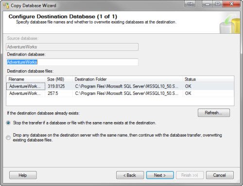 Database wizard options.